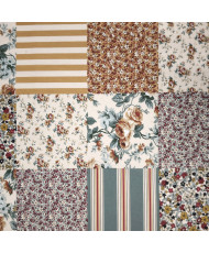Tissu Imprimé Patchwork Fleuri & Rayures- Ocre – 100% Coton "Fleurville"