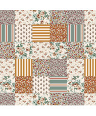 Tissu Imprimé Patchwork Fleuri & Rayures- Ocre – 100% Coton "Fleurville"