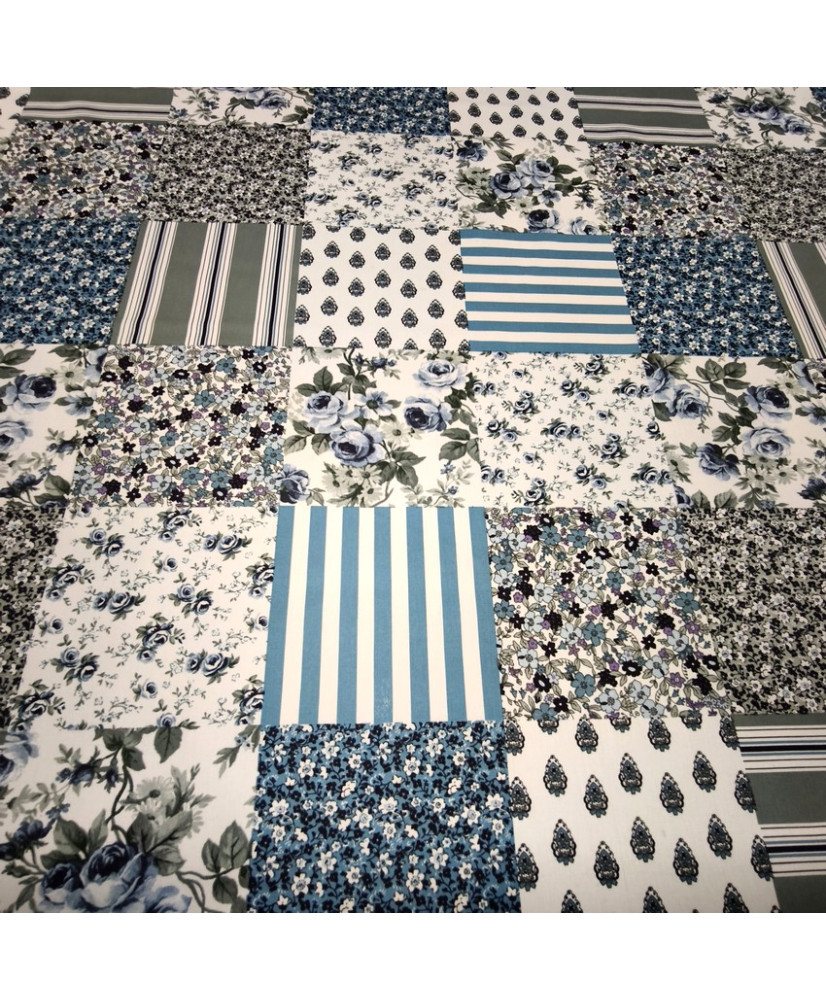 Tissu Imprimé Patchwork Fleuri & Rayures- Bleu – 100% Coton "Fleurville"