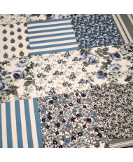 Tissu Imprimé Patchwork Fleuri & Rayures- Bleu – 100% Coton "Fleurville"