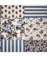 Tissu Imprimé Patchwork Fleuri & Rayures- Bleu – 100% Coton "Fleurville"
