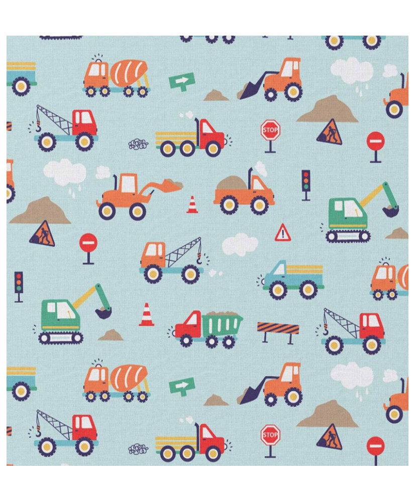 Tissu coton CAMIONS Bleu / Orange 150 cm