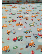 Tissu coton CAMIONS Bleu / Orange 150 cm
