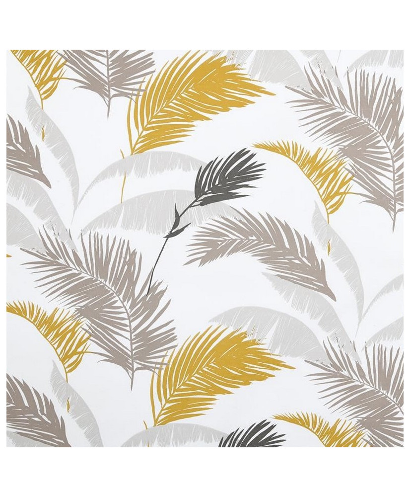 Enduit PVC « Calamus » — Nappage Motif Palmes & Feuillages Jaune Moutarde & Gris