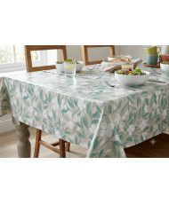 Enduit PVC « Darla » — Nappage Motif Feuillages Vert Sauge & Fleurs Blanches