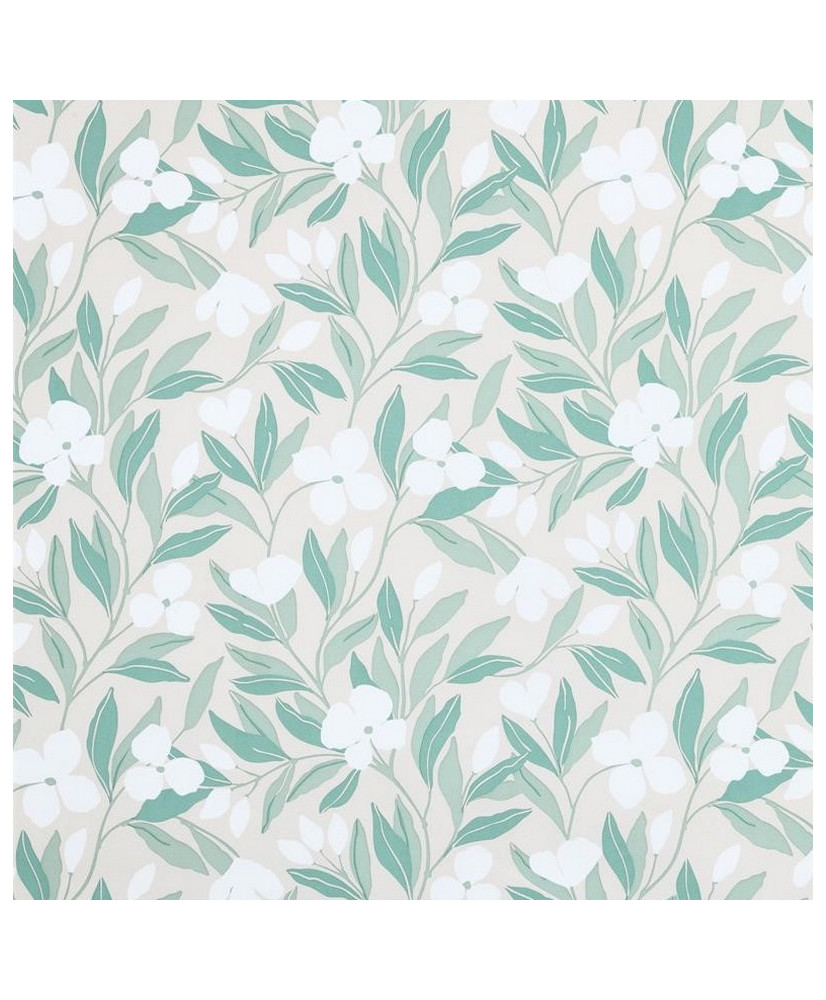 Enduit PVC « Darla » — Nappage Motif Feuillages Vert Sauge & Fleurs Blanches