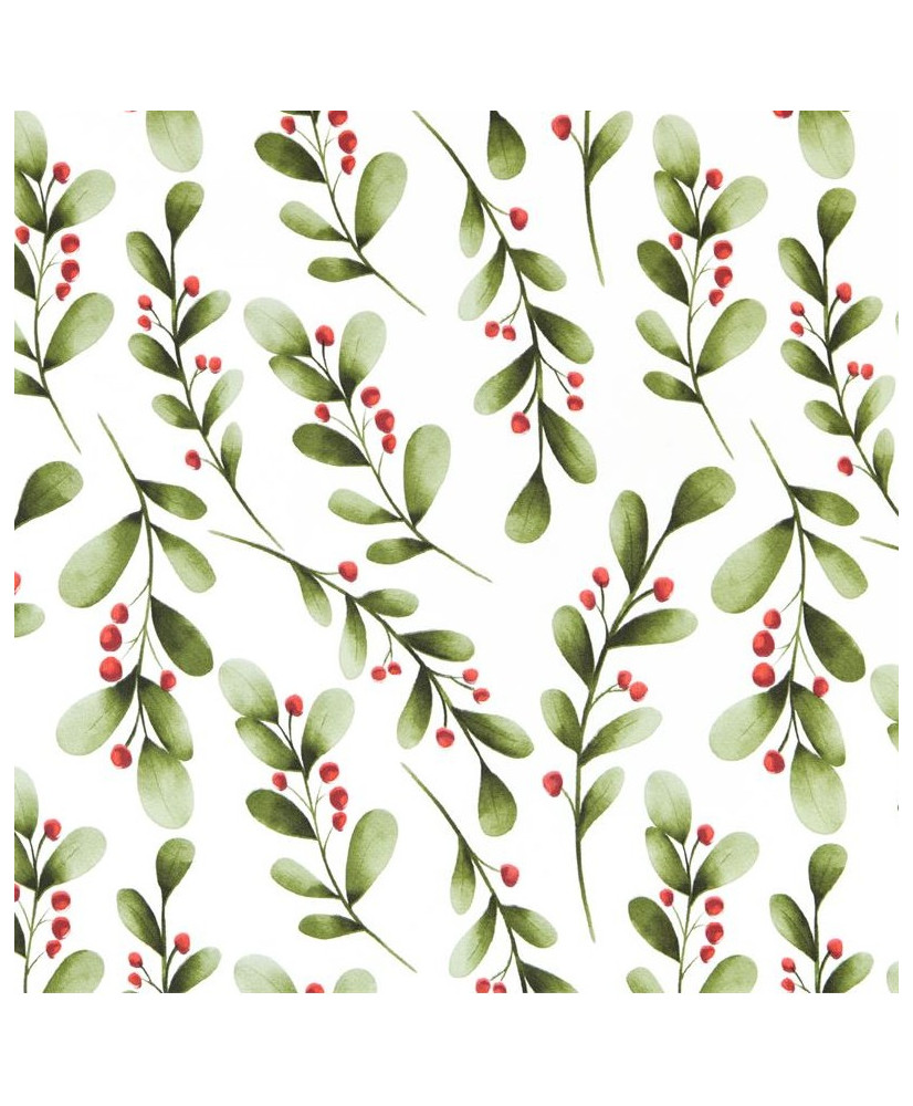 Holly PVC Coated Fabric — Botanical Watercolor Pattern & Red Berries