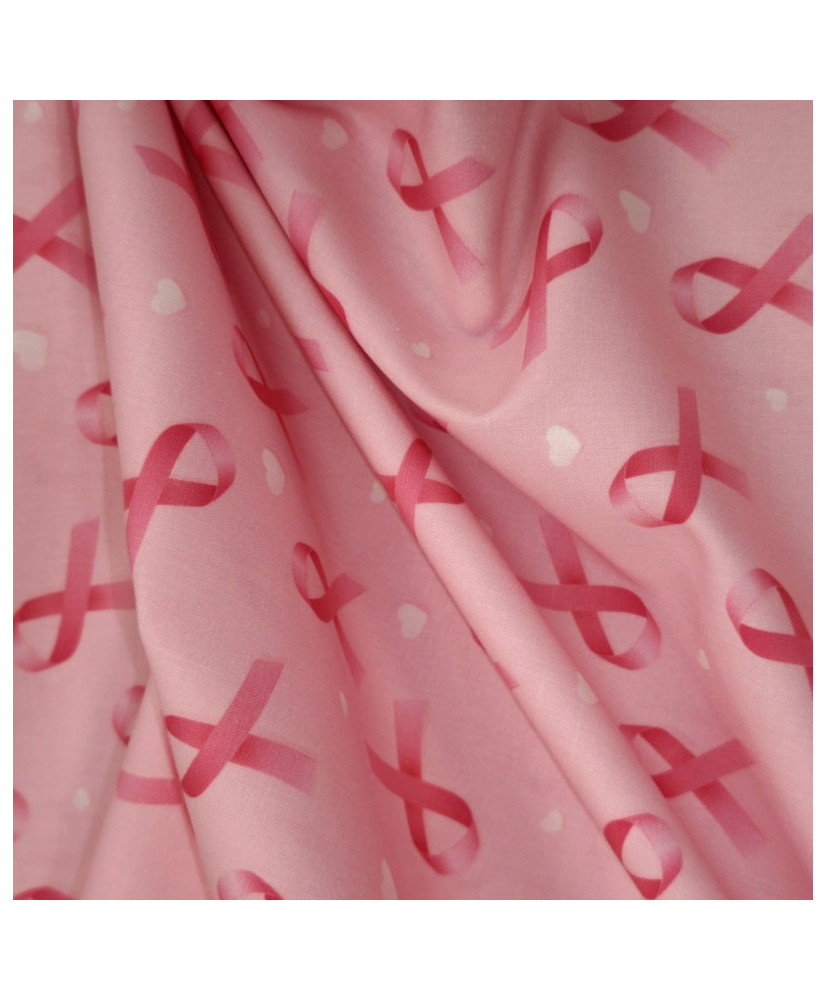 100% Lightweight Cotton Fabric — Pink Ribbons and Little Hearts on Pink Background