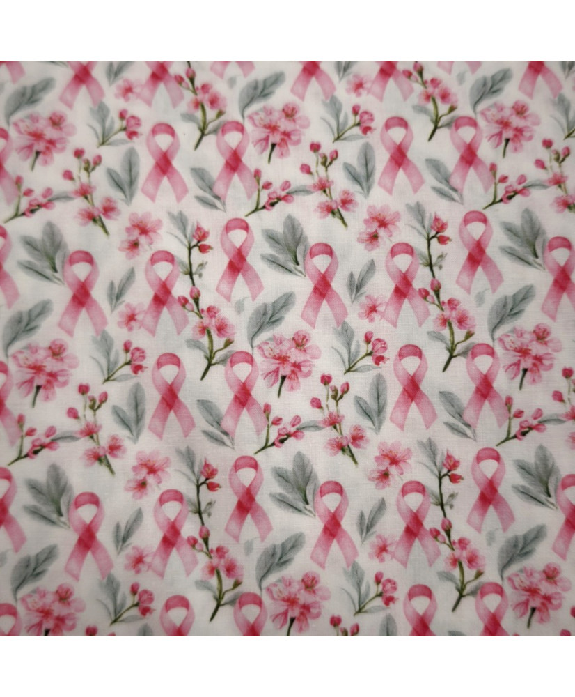 100% Lightweight Cotton Fabric — Pink Ribbon and Cherry Blossom Pattern