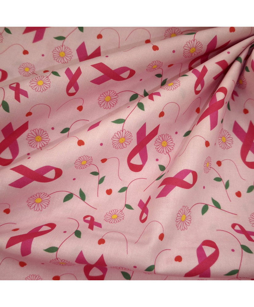 100% Lightweight Cotton Fabric — Pink Ribbon and Daisy Pattern