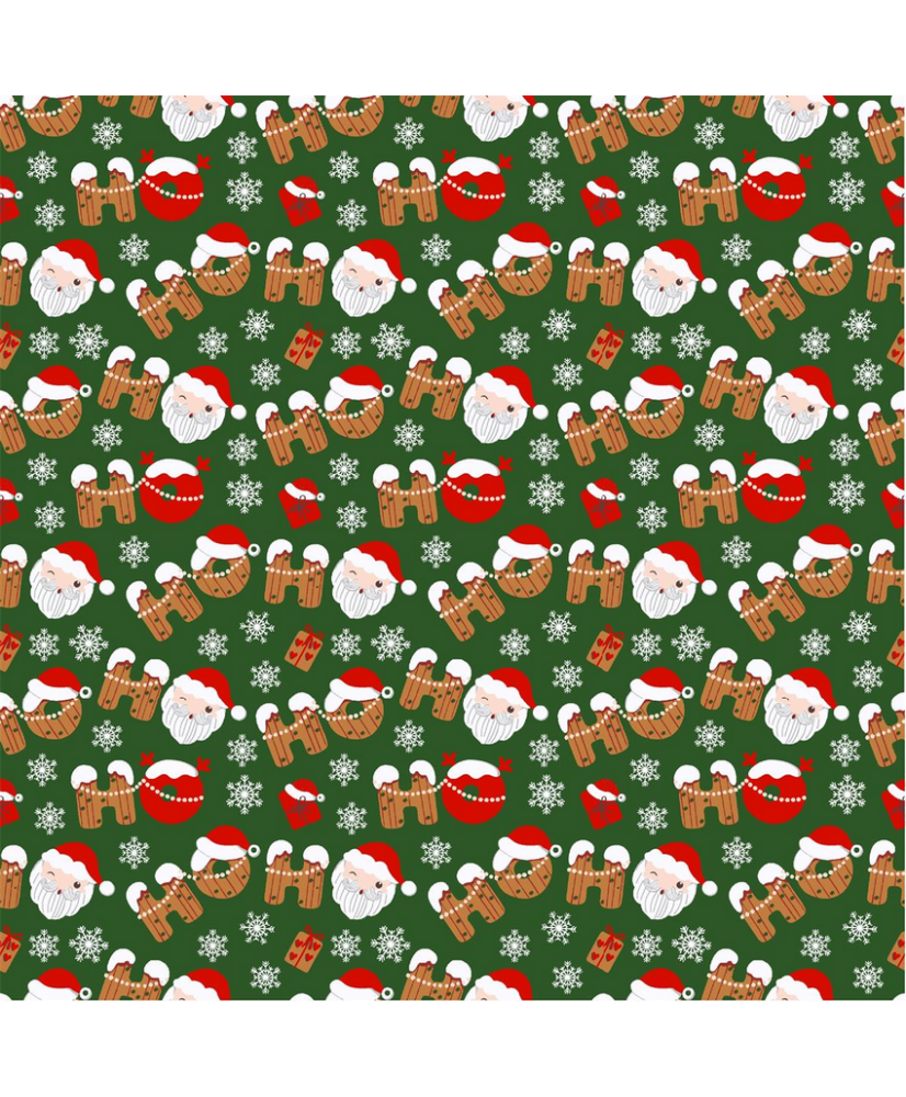 Tissu percale 100% Coton – Motif Noël « Guirlande » & Père Noël sur fond vert (110 g/m²)